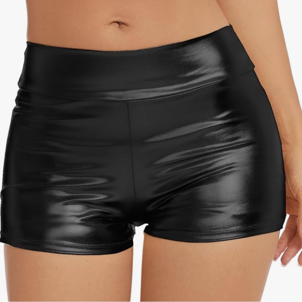 Black vinyl shiny barbie hot pants shorts rave festival sport yoga bottoms sexy